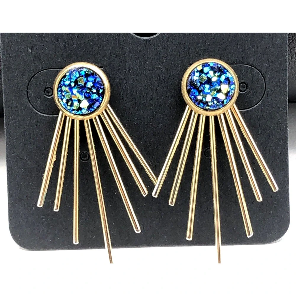Convertible Earrings Blue Green Druzy Studs‎ Gold Tone Spray Jackets